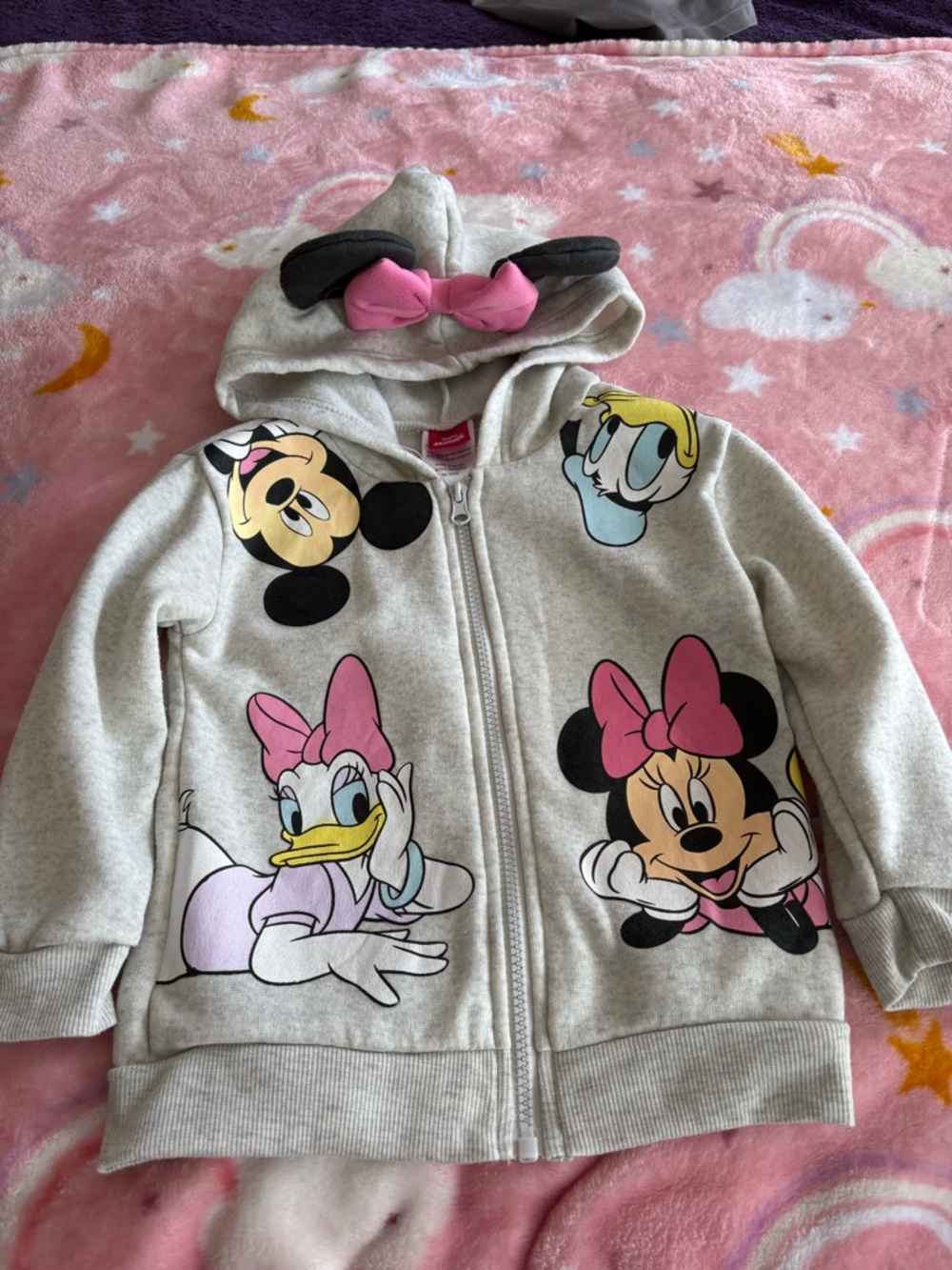 Disney Kids Grey Zip-Up Hoodie with Minnie & Daisy Pink Bow Accents